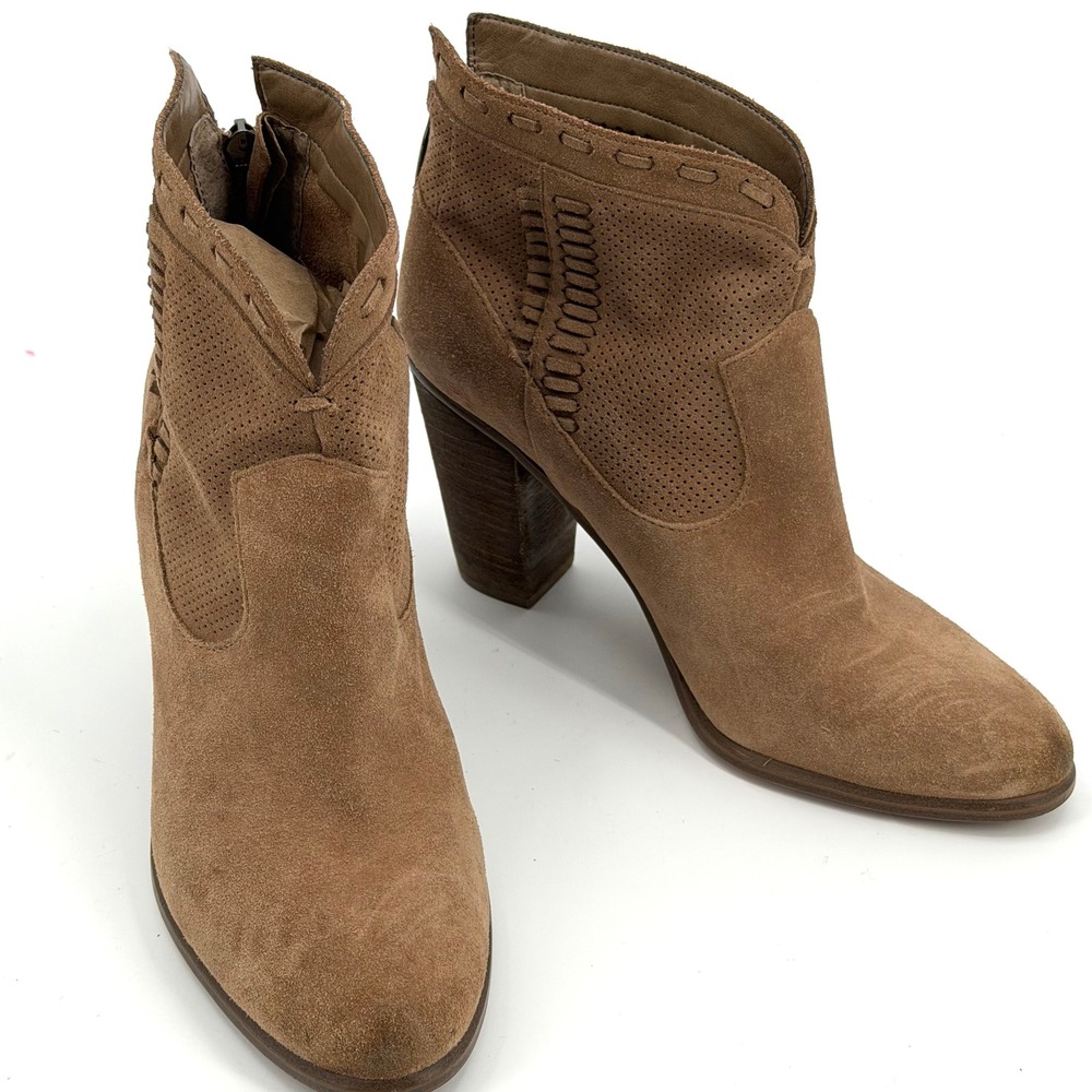 Vince Camuto Tan Suede Womens Size 9 Whipstitch Ankle Boots Block Heel